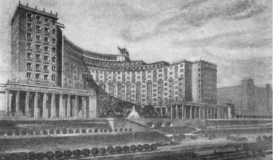 Полукруглый дом «Советских архитекторов» на площади Киевского вокзала. Сходы, связывающие здания с водой были реализованы не везде