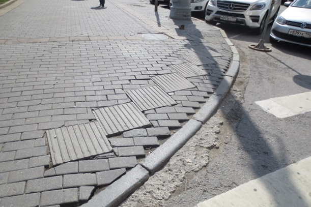 Устройство понижения бортового камня на тротуарах в местах  пешеходных переходов. (отрицательный пример)