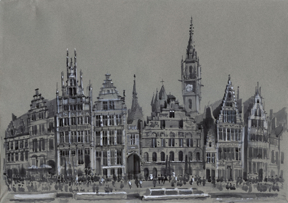 The Old Embankment of Ghent. 2013. Tinted paper, ink, white, brush. 38.4 х 54.7 cm