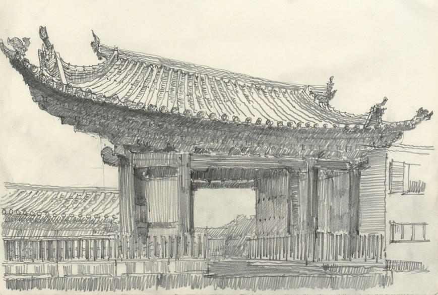 Gate of the To-ji Temple, Kyoto. 2013. Paper, pencil. 29 x 39.5 cm